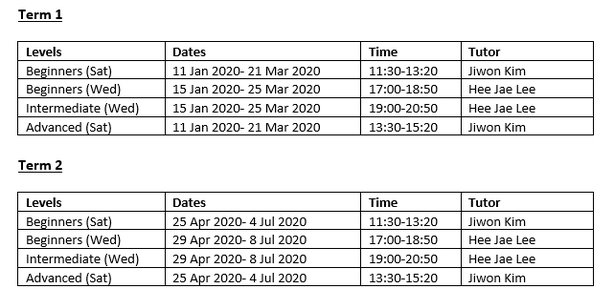 Time table for 2020